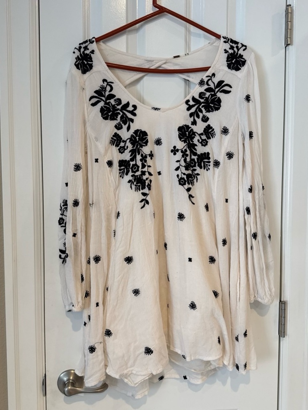 Free People White Tunic with Black Floral Embroidery